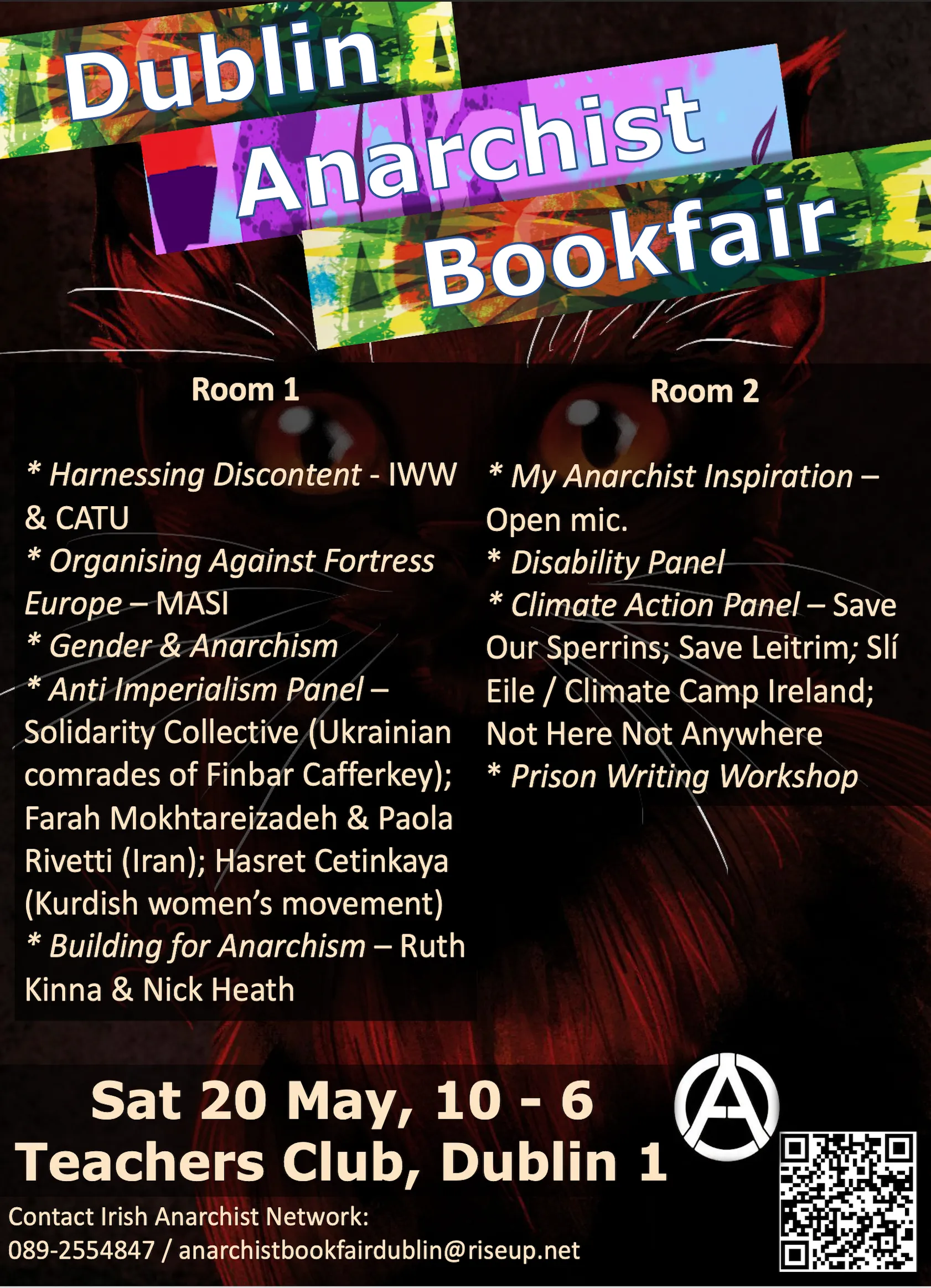 Flyer for Dublin Anarchist Bookfair, Saturday 20 May, 10–6, Teachers Club, Dublin 1