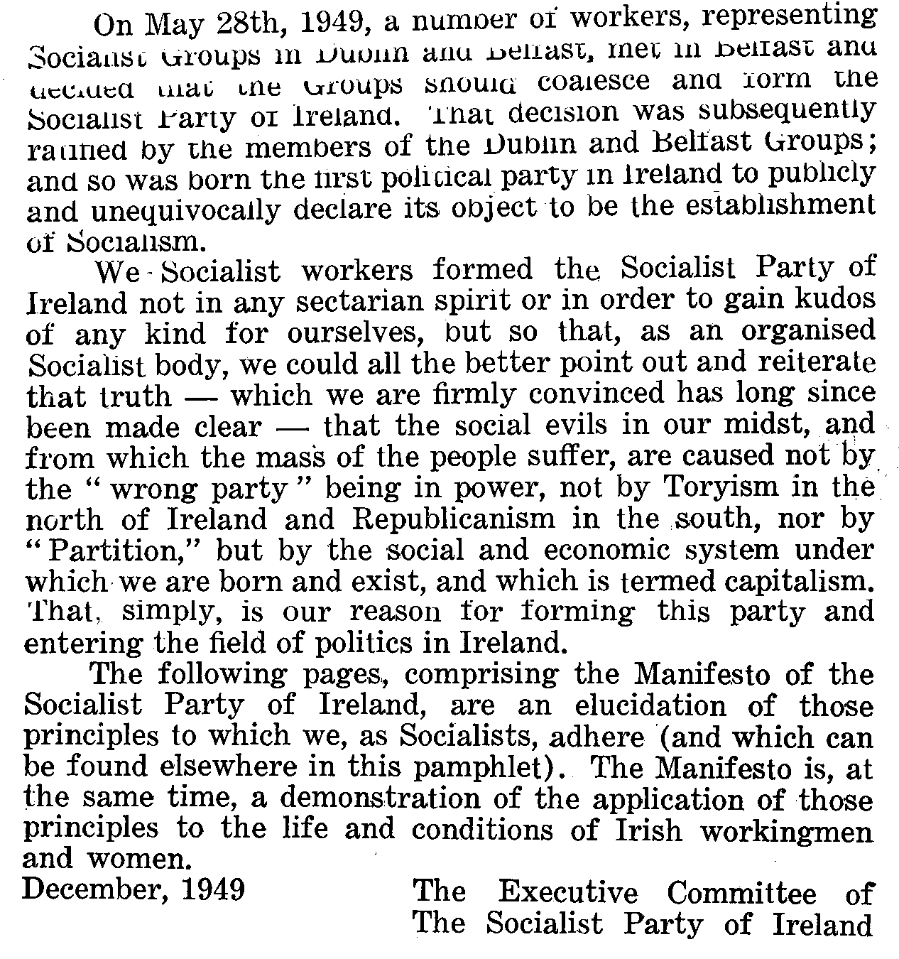 Scan of the preface to the Socialist Party of Ireland Manifesto (1949).