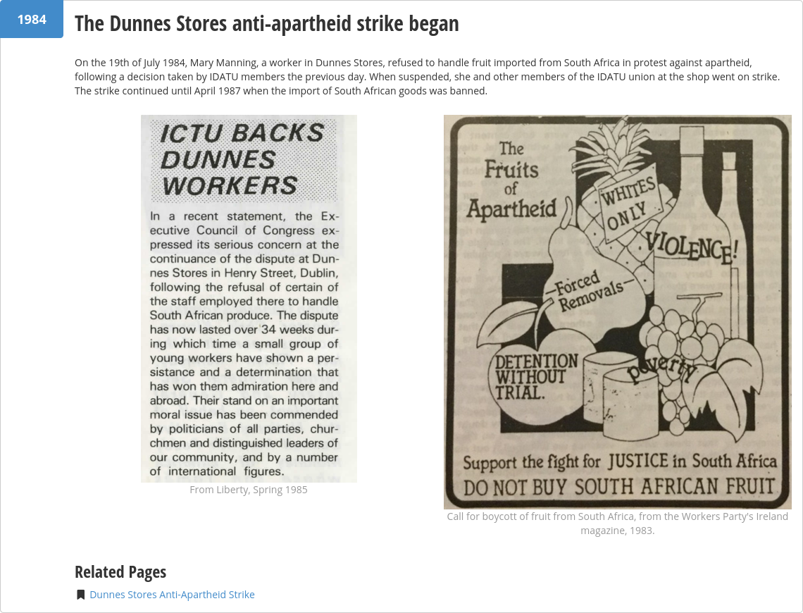 Screenshot of the linked page on the Irish Left Archive, headlined: On This Day, 19th July 1984, The Dunnes Stores anti-apartheid strike began and featuring newspaper clippings.
