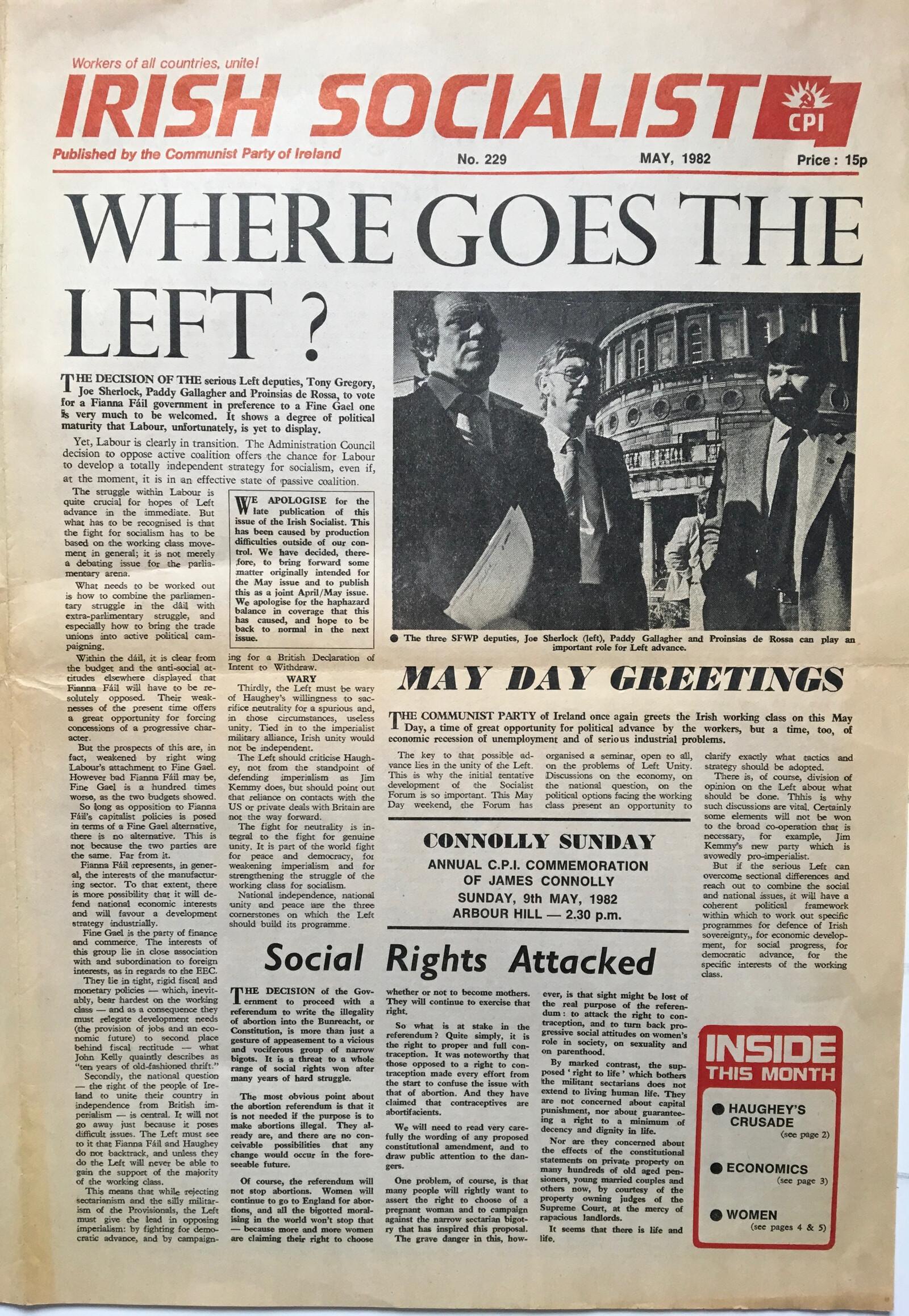 Front page of Irish Socialist, newspaper of the Communist Party of Ireland, from 1982 with the headlines "Where Goes the Left?" and "May Day Greetings"