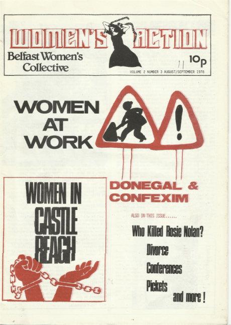 Front cover of Women's Action, Vol. 2, No. 3. The masthead includes an image of a woman in chains with the text: Women's Action, Belfast Women's Collective