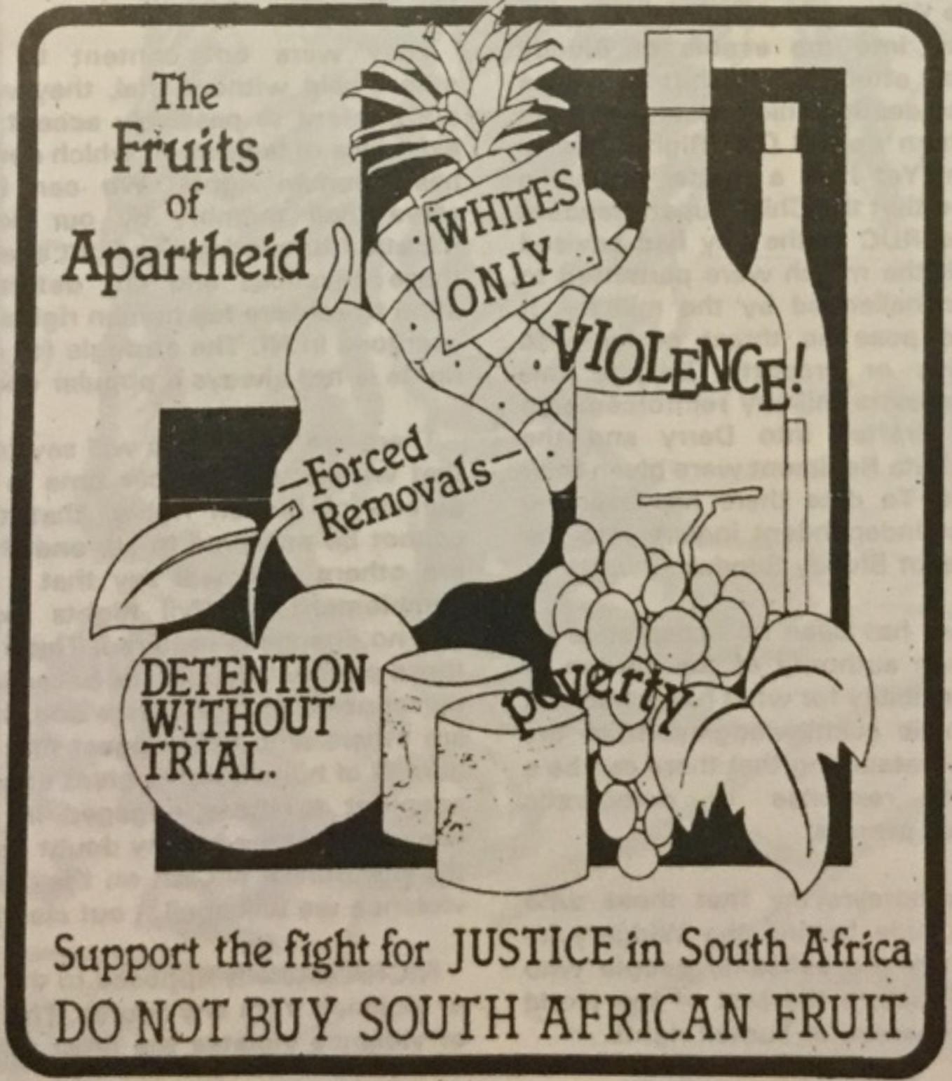 Call for boycott of fruit from South Africa, from the Workers Party's Ireland magazine, 1983.