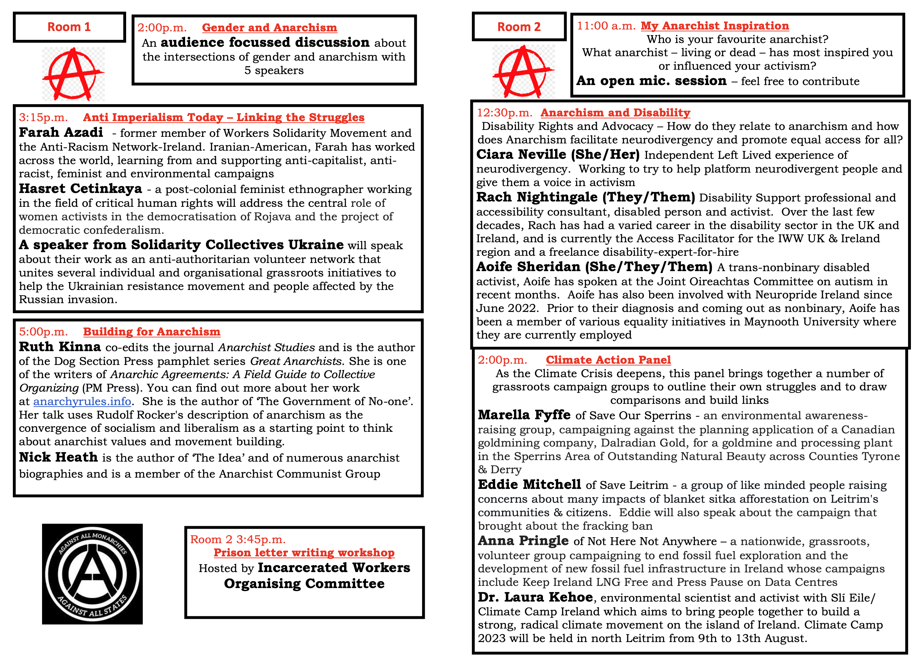 Programme for the Dublin Anarchist Bookfair on Saturday 20th May 2023