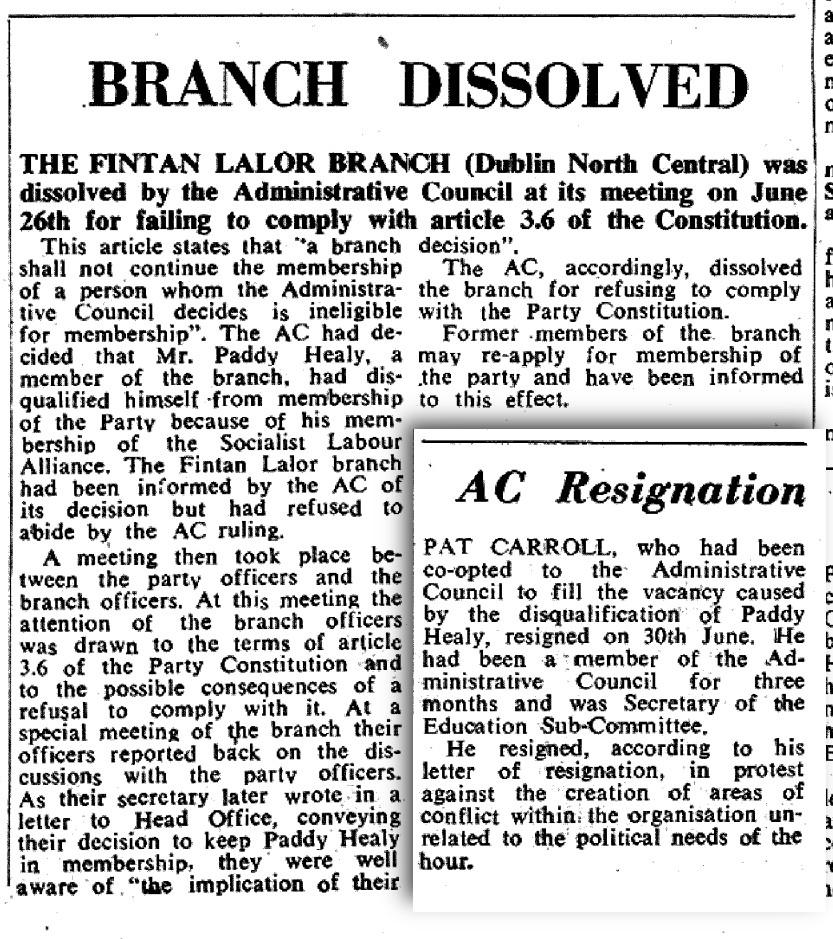 Labour News Bulletin, July 1971, on the dissolution of the Fintan Lalor branch and expulsion of Paddy Healy for membership of the Socialist Labour Alliance.