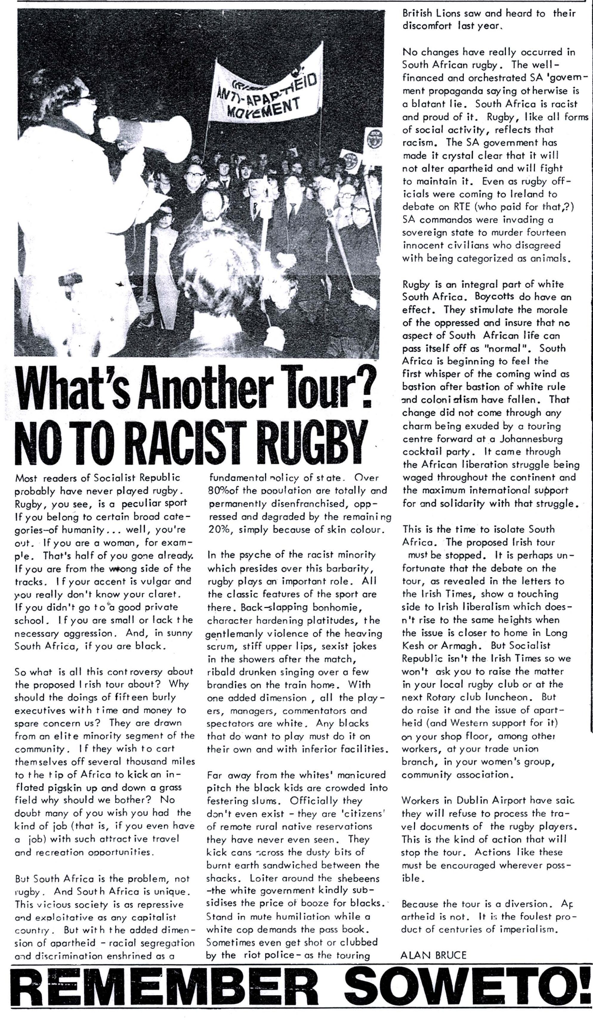 A black-and-white scanned article from Socialist Republic headlined: What's Another Tour? No to Racist Rugby.