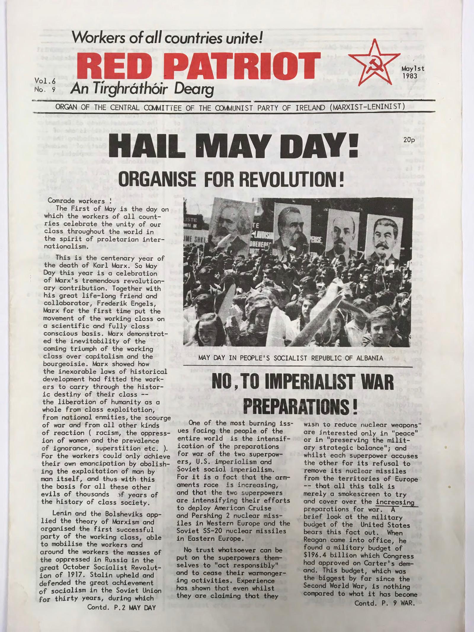 Front page of Red Patriot, from the Communist Party of Ireland (Marxist-Leninist) with the headline "Hail May Day! Organise for Revolution!"
