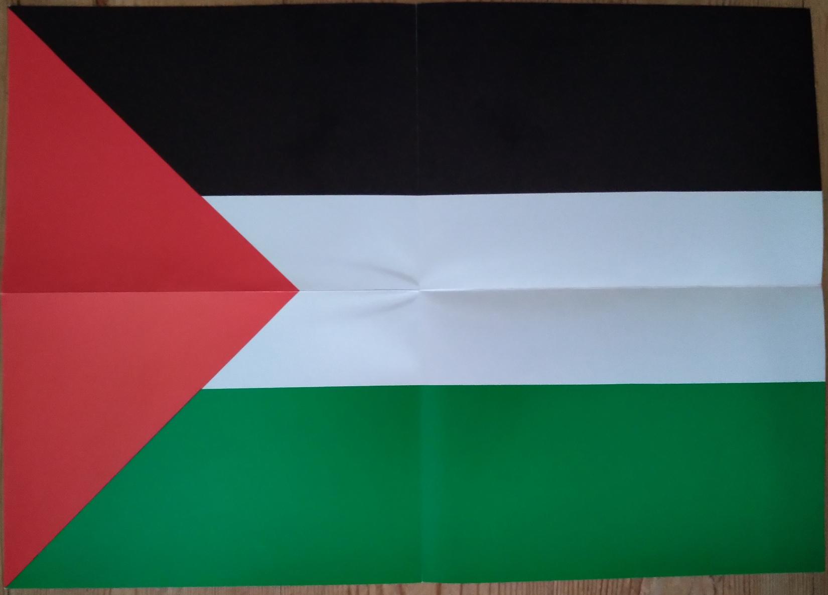 The flag of Palestine on an unfolded paper leaflet.