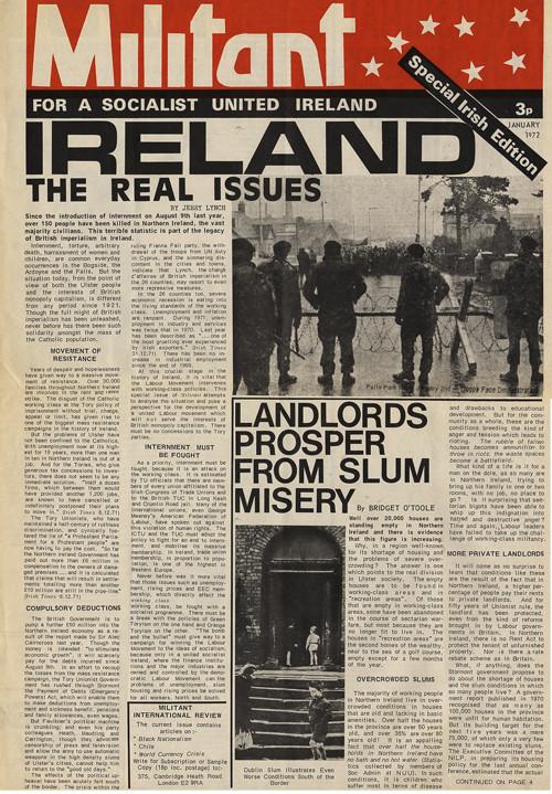 Front cover of Militant newspaper from January 1972. It has the tagline For A Socialist United Ireland and is labelled Special Irish Edition. The main headline is Ireland: The Real Issues