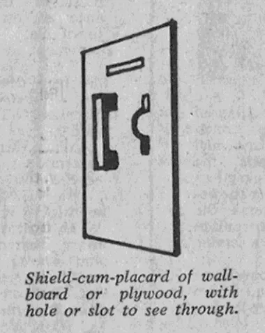 An illustration of a placard shield captioned: Shield-cum-placard of wallboard or plywood, with a hole or slot to see through.