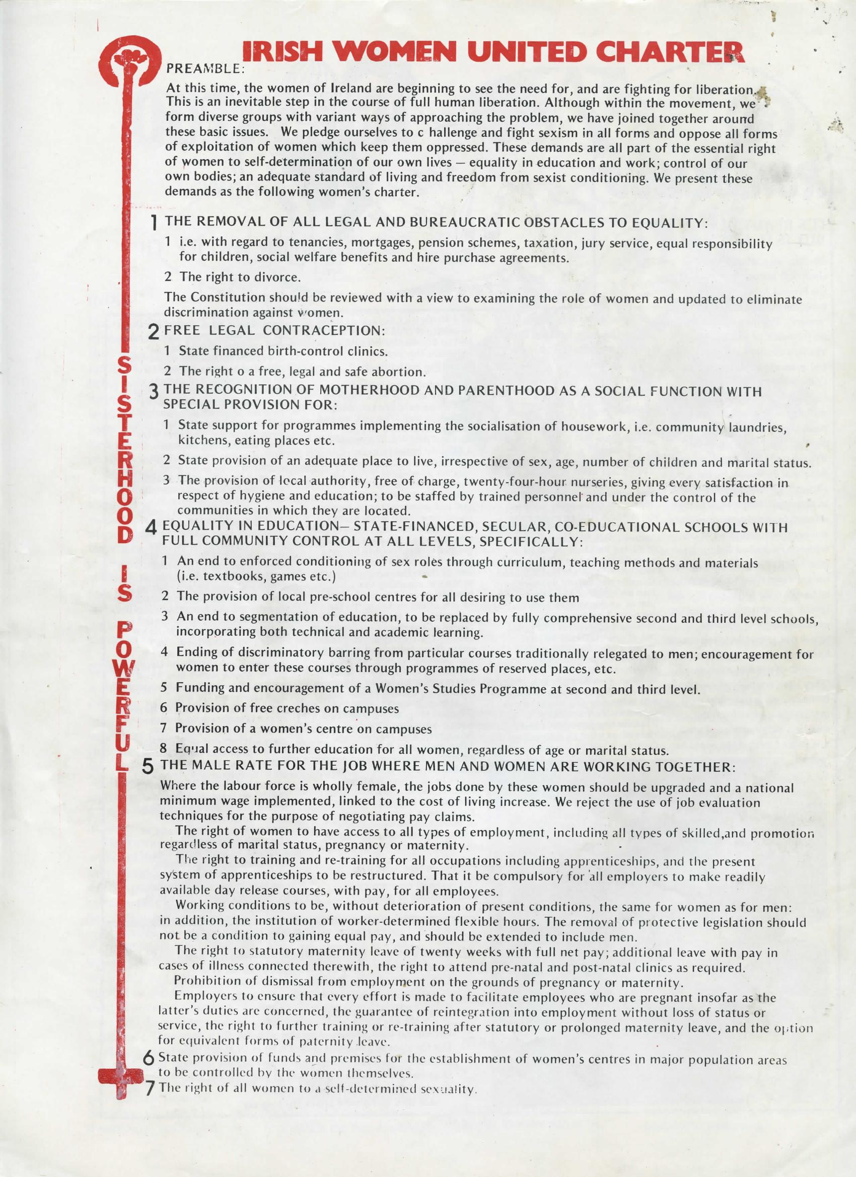 A scan of the back cover of Banshee with the text of the Irishwomen United charter.