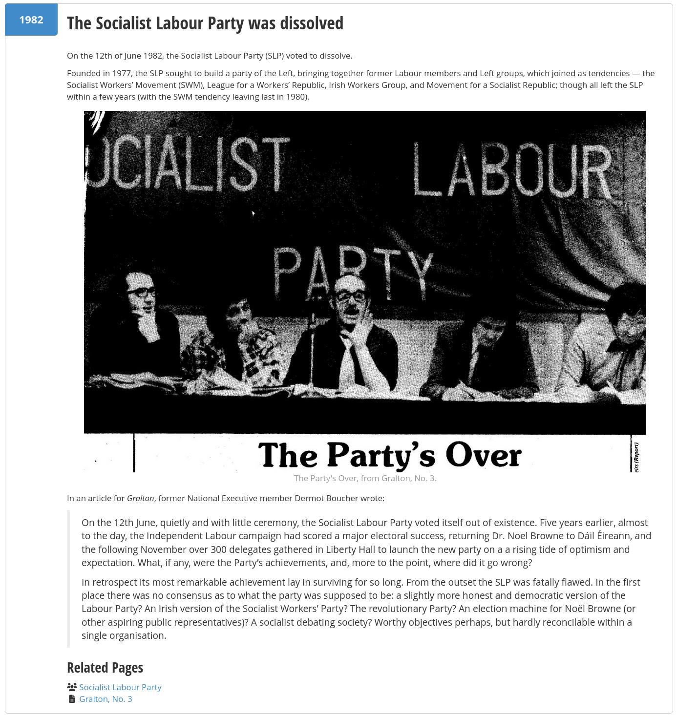 Screenshot of a webpage section headlined: 1982 – The Socialist Labour Party was dissolved. For text version, follow the link in this post