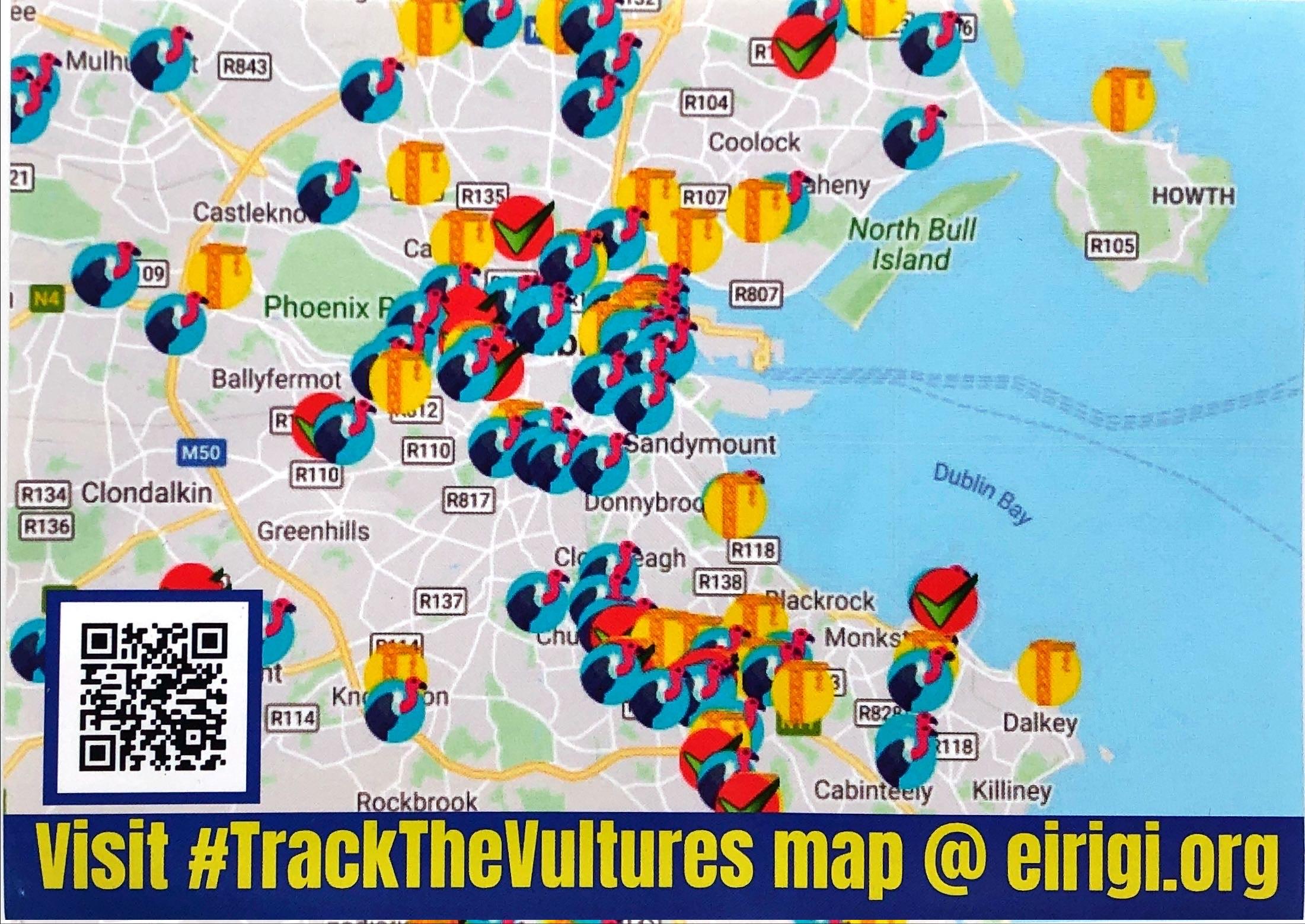 A sticker reading Visit #TrackTheVultures Map @ eirigi.org and showing a Dublin map with markers indicating housing owned by vulture funds.