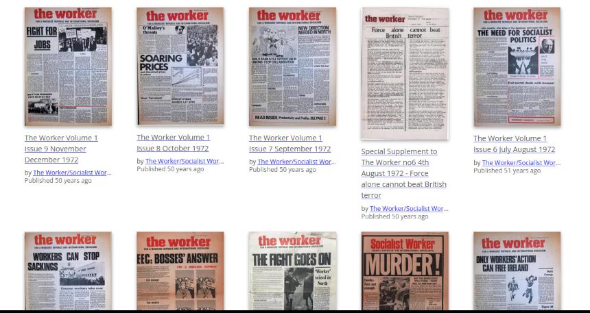 A screenshot showing the Socialist Worker Online archive website, featuring cover images of issues from the 1970s.