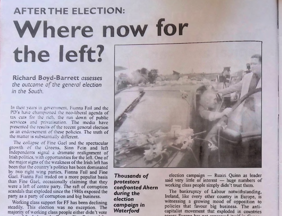 A cropped section of a scanned magazine page, showing the headline "After the election: where now for the left?" and an accompanying image of Bertie Ahern getting out of a car surrounded by Gardaí and protestors.