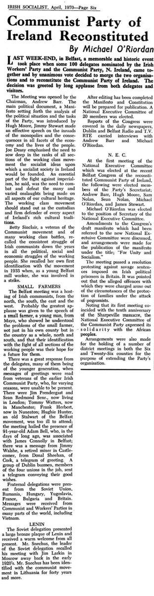 A scanned newspaper article headlined: Communist Party of Ireland Reconstituted, by Michael O'Riordan