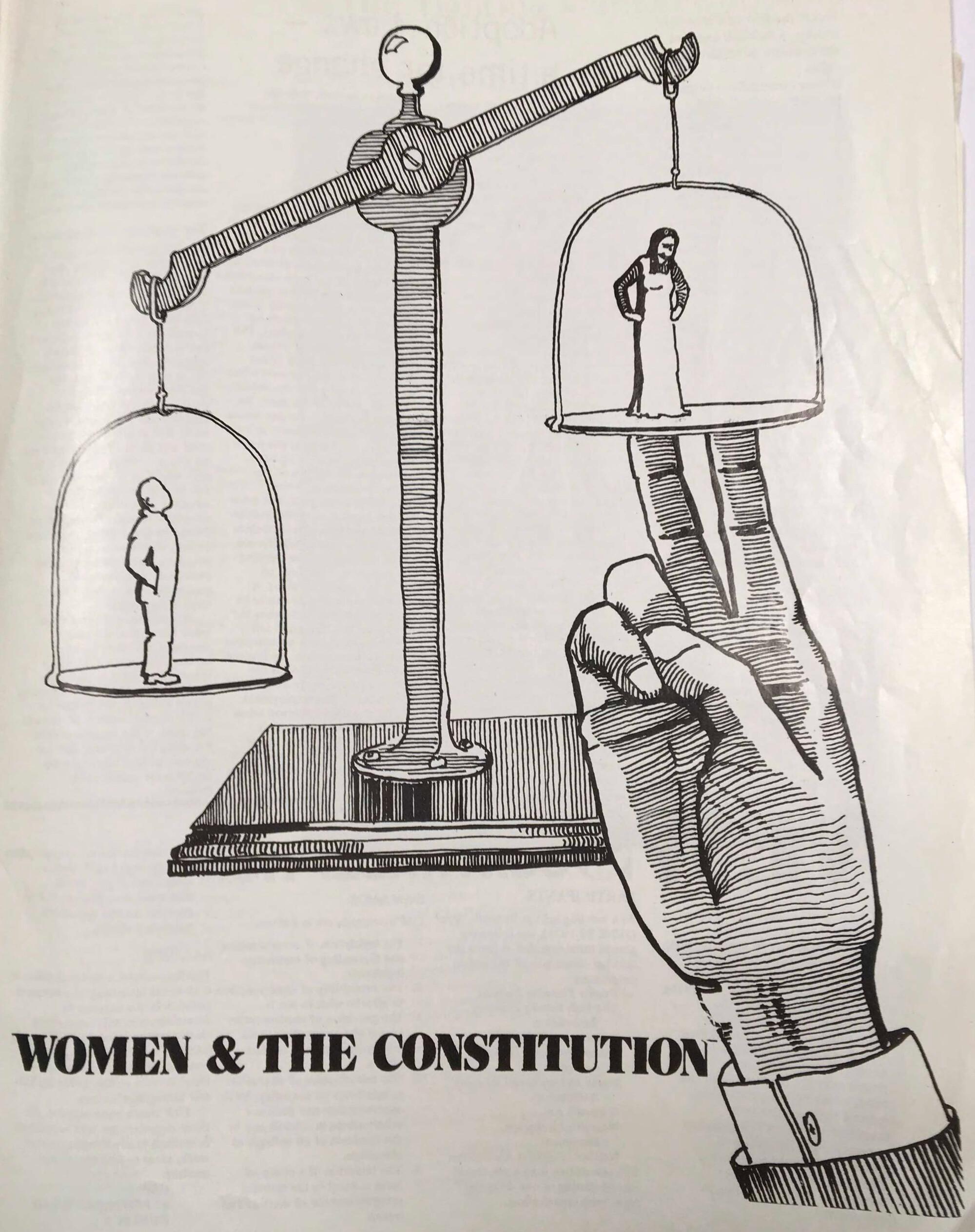 An illustration of a balance scales with a man on one side and a woman on the other. A large hand is pushing the woman upwards to skew the balance. It is subtitled, "Women & The Constitution"