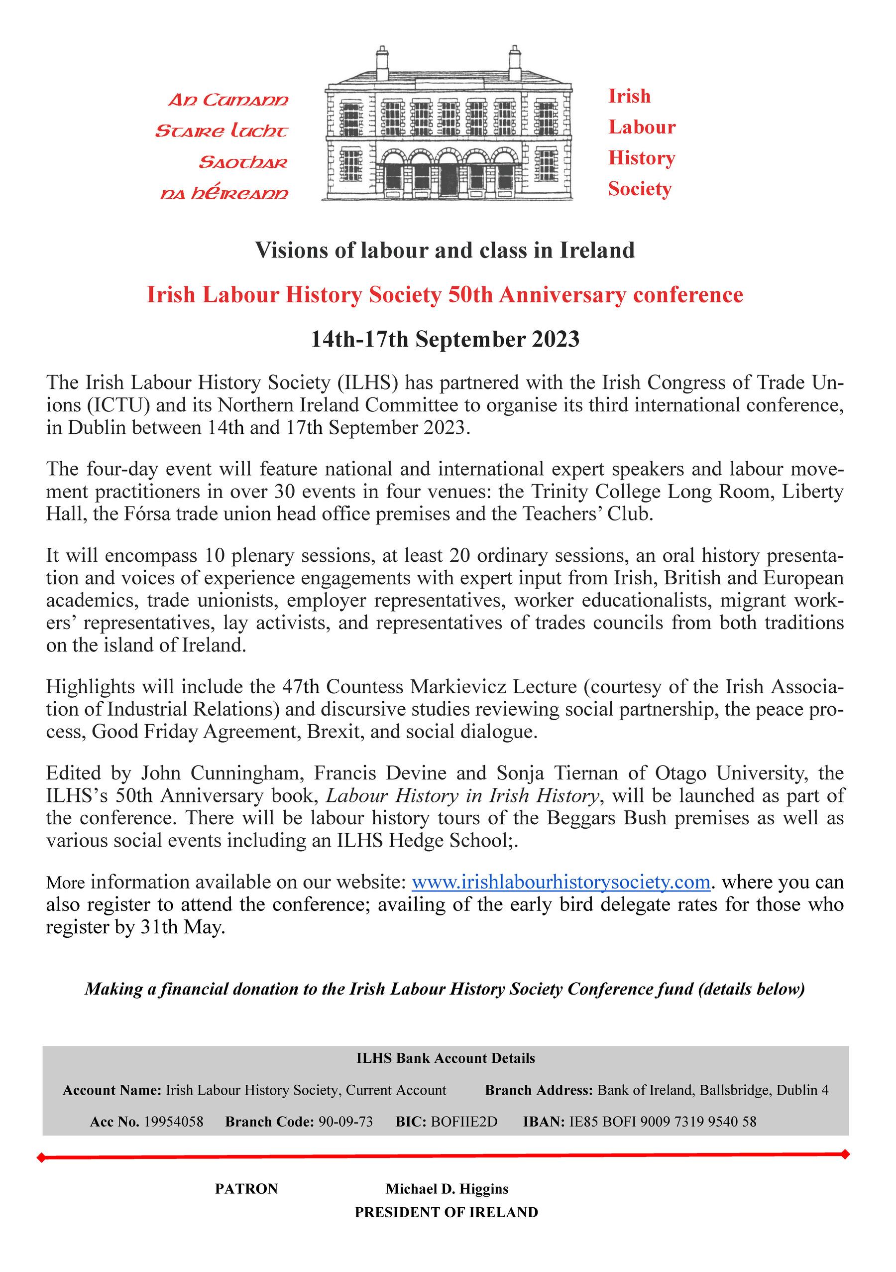 Leaflet for the 50th Anniversary Conference of the Irish Labour History Society conference