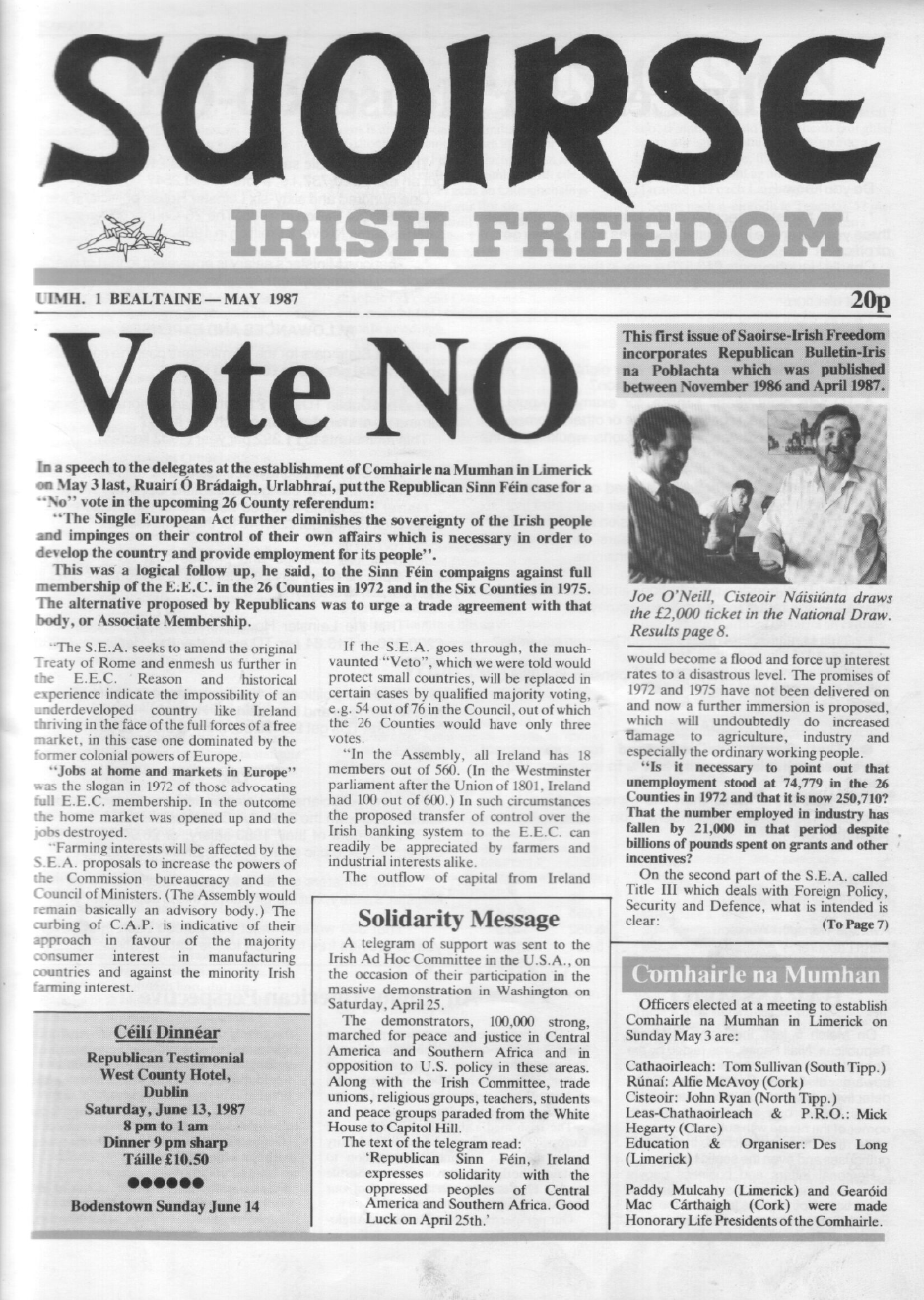 Front page of Saoirse / Irish Freedom, issue no. 1, from Republican Sinn Féin, with the headline "Vote No"