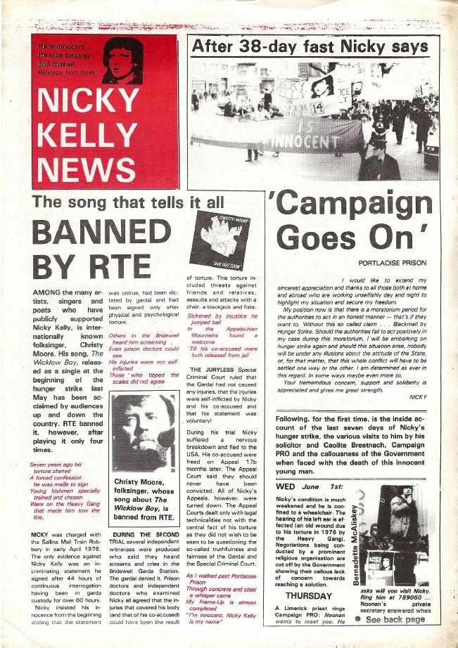 Scanned front page of a newspaper called Nicky Kelly News, with front-page articles headlined: The Song that Tells it All Banned By RTÉ; and Campaign Goes On