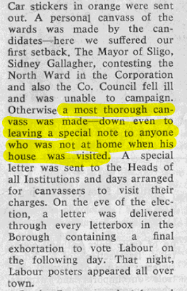 A scanned section of a newspaper column, with the following text highlighted in yellow: a most thorough canvass was made—down even to leaving a special note to anyone who was not at home when his house was visited.