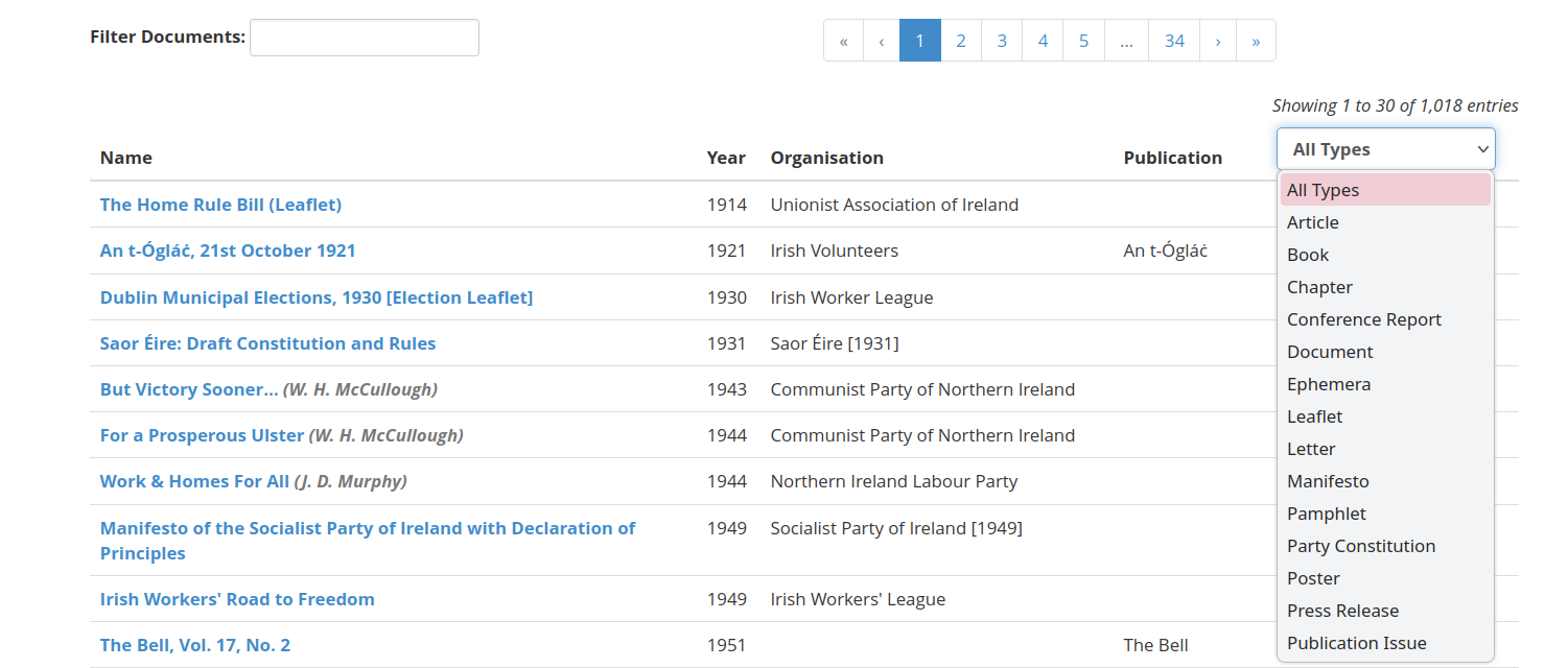 A screenshot of a page on leftarchive.ie, showing a table of documents available on the website, including their name, year, organisation, publication, and type. The type heading includes a drop-down selection from which the table can be filtered.
