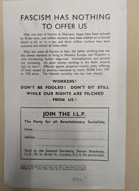 Back of the leaflet, with the title "Fascism has nothing to offer us", and ends with Don't be fooled! Don't sit still while our rights are filched from us" It that has a small form to fill in to "join the ILP, the Party for all revolutionary socialists" 