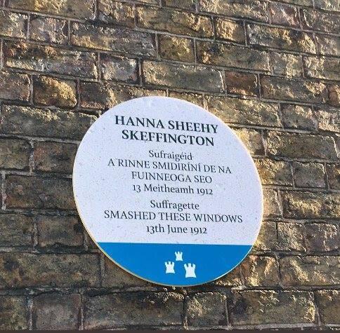 A wall plaque outside Dublin Castle marking the spot where Hannah Sheehy Skeffington smashed a window on 13 June 1912 as part of a protest during the suffragette campaign to allow women to vote.