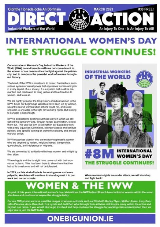 Screengrab of the front page of Direct Action. Headline reads: "International Women's Day, the struggle continues!" Full text is available at the link in the attached post.